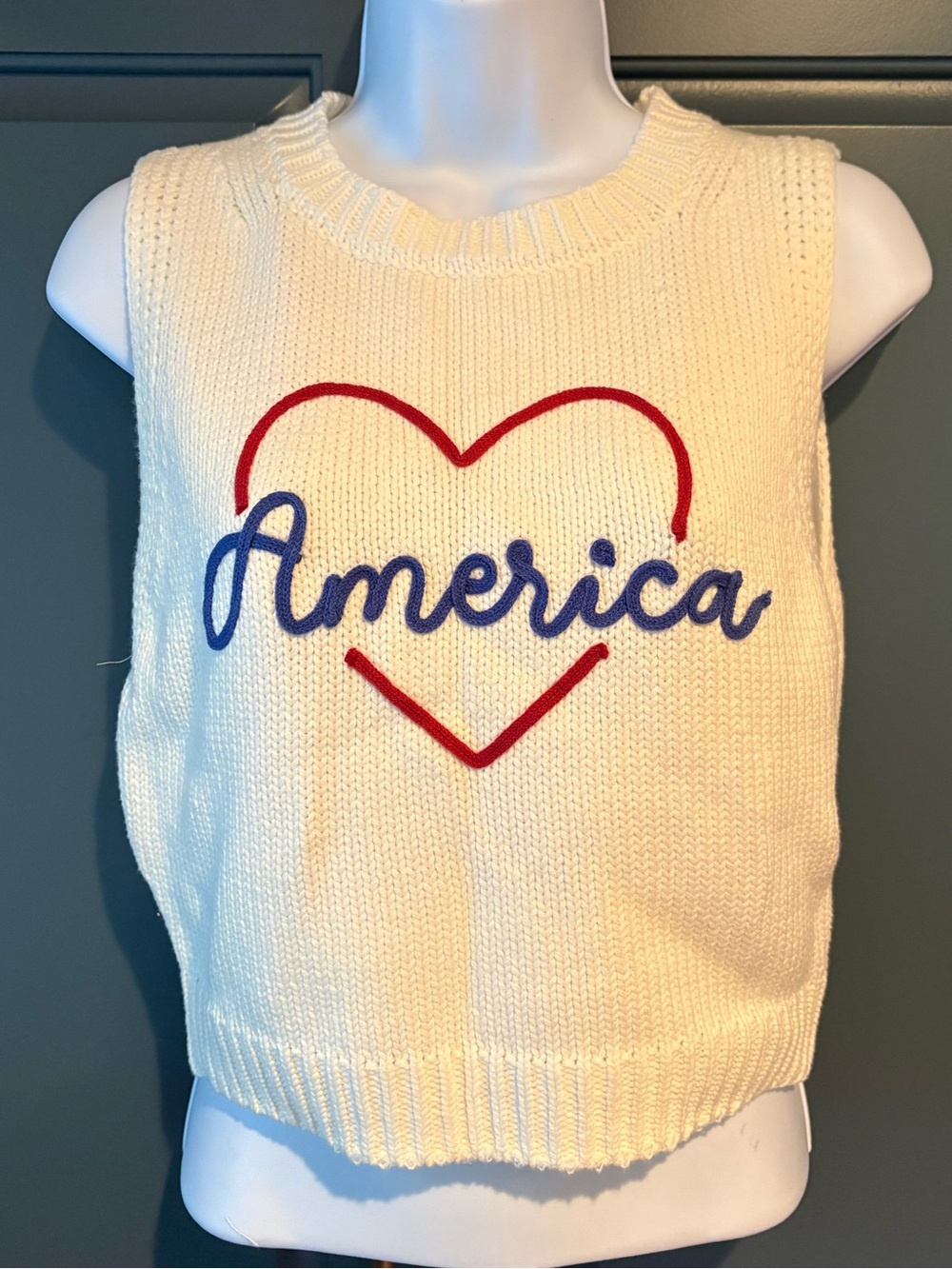 Cream Knit Sleeveless Sweater Vest with Red Heart and Blue 'America' Script
